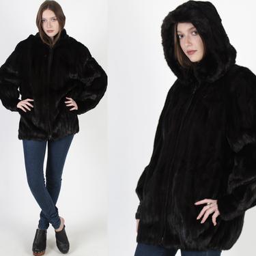 Darkest Mink Bomber Jacket / Hooded Real Fur Coat / Vintage 80s Black Plush Mens Overcoat / Deep Removable Hood Zipper Jacket 