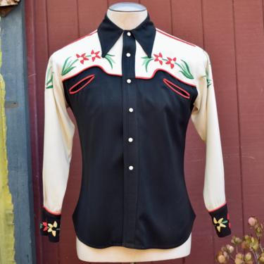 40s / 50s Black And White Paneled And Embroidered Gabardine Western Shirt 