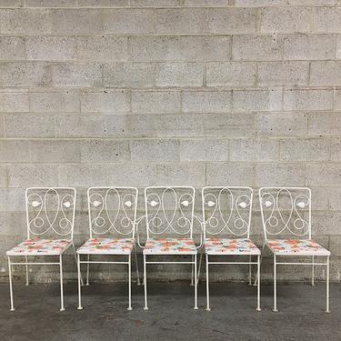 LOCAL PICKUP ONLY Vintage Patio Chairs Retro 1960s Set of 5 Matching White Metal Leaf Design + Newly Recovered Floral Outdoor Patio Chairs 