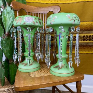 Pair of Antique Victorian Czech Bohemian Mantle Lusters with Crystal Prisms 