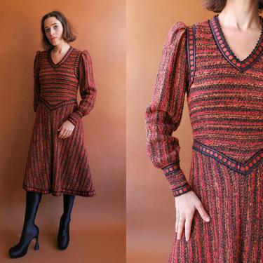 Vintage 70s Tweed Mutton Sleeve Dress/ 1970s Red Orange Black Wool Dress/ Size Small 