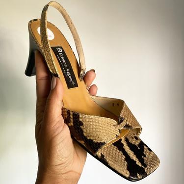 vintage ETIENNE AIGNER deadstock snakeskin leather lacquer heel 90s minimalist square toe sandal 