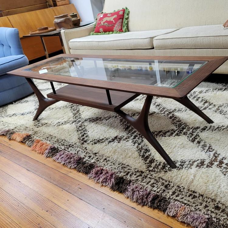 Walnut Mid-Mod Coffee Table with Glass Insert