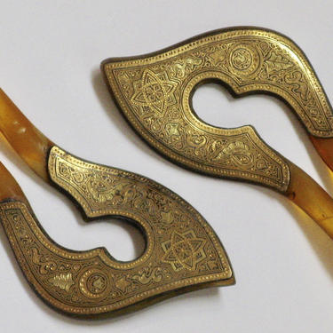 Matched Pr Art Nouveau Toledo Damascene Asymmetric Horn Hair Combs, Spanish Moorish Islamic Design Combs, Hair Jewelry, Hair Ornaments 