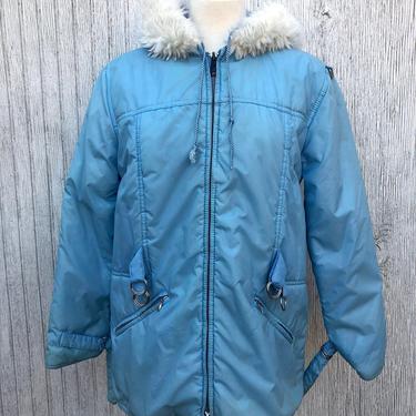 70s Light Blue Puffer Coat Hooded Faux Fur Lined Parka Snow Jacket Size M 