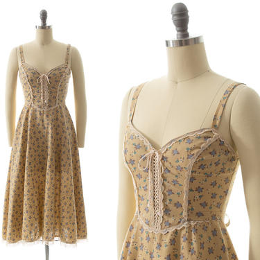 Vintage 1970s Sundress | 70s GUNNE SAX Lace Up Corset Calico Floral Cotton Maxi Boho Renaissance Romantic Day Dress (x-small/small) 