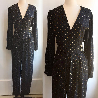 Vintage 80’s Sexy GOLD Metallic POLKA DOT Jumpsuit / Puff Sleeve / Jeweled Buttons + Back Sash  + Pockets / Joan Walter 