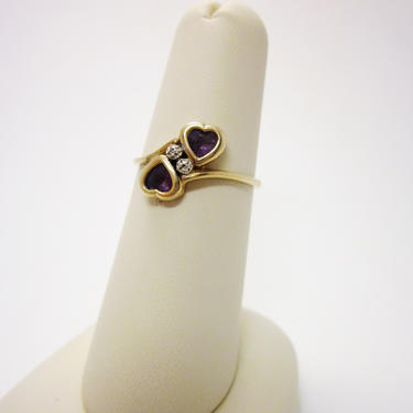 Vintage 10K Gold Kissing Hearts Faceted Purple Amethyst Sweet Delicate Ring Girly Gift Jewelry Sparkling February Birthstone 