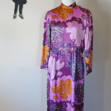 Vintage 1960's Satin Maxi Dress / 60s Abstract Print Dress L  tr 