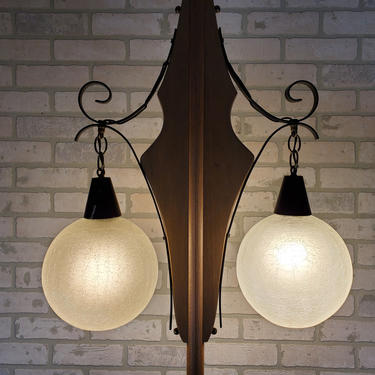 Retro Black Metal and Wood 2 Chain Hanging Light Crackle Frosted Shades Tension Pole Lamp Light 