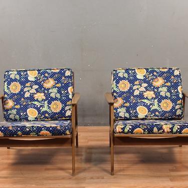 Mid Century Orange &amp; Navy Floral Walnut Lounge Chair