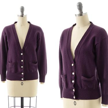 Vintage 1980s Cardigan | 80s Eggplant Purple Wool Button Up Sweater Top with Pockets (x-small/small) 