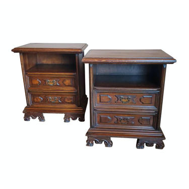Vintage Italian Carved Walnut Bedside Chest of Drawers With Open Shelf  - Nightstand Cabinet or Side Table Pair 