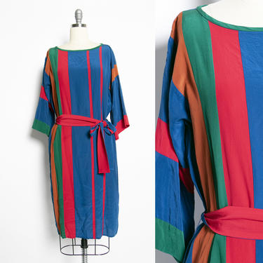 1980s Silk Dress Patchwork Color Block M 