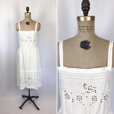 Vintage late Edwardian slip | Vintage white cotton embroidered dress slip | Early 1920s butterfly flower summer dress 