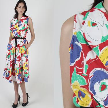 Vivid Bright Color Print Dress / Vintage 80s Tropical Floral Dress / Plunging Deep V Wrap / Womens Fun Hawaiian Pockets Midi Maxi Dress 