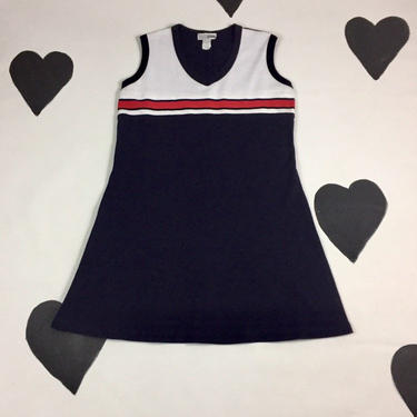 90's sporty striped chest ringer mini dress 1990s V-neck cotton red white navy blue cheerleader flared cotton sleeveless tennis sun dress 1X 