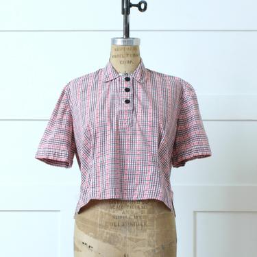 vintage 1950s womens cotton blouse • short sleeve pink & white plaid casual top 