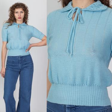 70s Baby Blue Eyelet Knit Crop Top - Small | Vintage Peter Pan Collar Short Sleeve Girly Cropped Blouse 