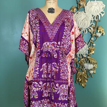 1990s tunic top, kaftan style, vintage blouse, batik print, drawstring waist, indian silk, size medium, kimono sleeves, ethnic, bohemian 