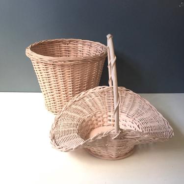 Pink painted wicker pair - wastebasket and gathering basket - vintage pink decor 