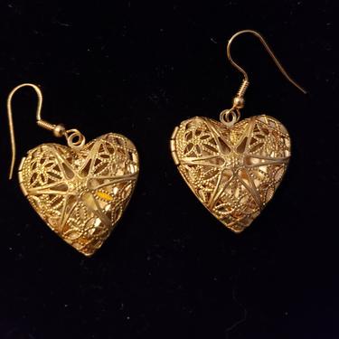 60s/70s Gold Filigree Locket Heart Earrings 