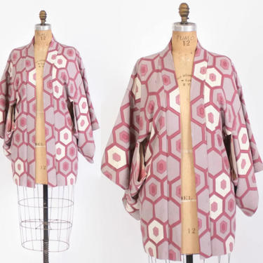 Vintage 60s Silk KIMONO Jacket / 1960s Geometric Lavender Mauve Ivory Boho Haori Duster by luckyvintageseattle
