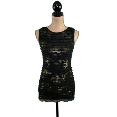 Dressy Tank Top, Sleeveless Ruffle Blouse Small, Black and Gold Metallic Shirt Women, Sexy Party Club Clothes from Karen Kane 