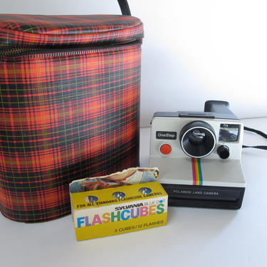 Vintage 70s White One Step Polaroid Land Camera Kit White Rainbow Instant Polaroid Camera with Red Plaid Case and Sylvania Flash Cubes 