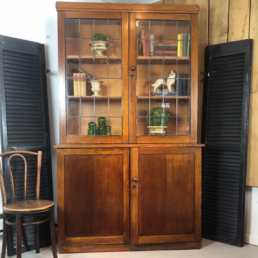 Antique English Oak Hutch Cabinet Bookshelf, Lead Glass Doors, 2 pieces 