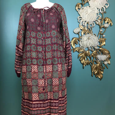 1970s tunic dress, batik print dress, vintage 70s dress, balloon sleeve dress, bird in the hand, block print dress, bohemian dress, hippie 