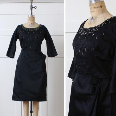 vintage 1960s black silk satin cocktail dress • rhinestones & hip swag sophisticated little black dress 