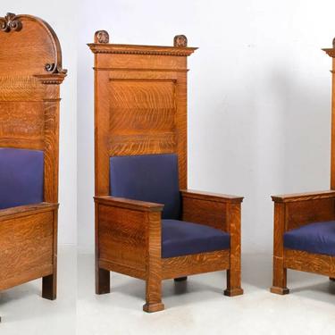 Antique Chairs, Hall, Three Large Oak Hall Chairs,  Blue Fabric, Early 1900's!!