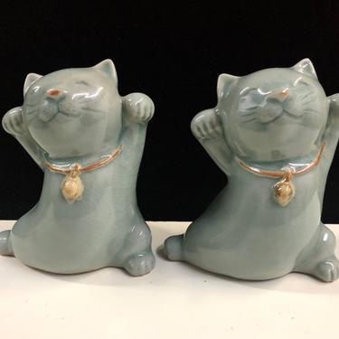 Pair of Thai Celadon Ceramic Good Luck Cats 