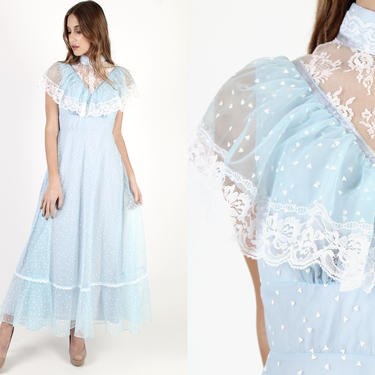 Vintage 70s Blue Hearts Dress Sheer White Lace Floral Dress Peasant Bridal Country Style Clothing Folk Womens Maxi Dress 