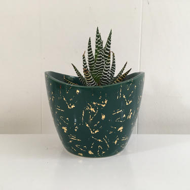 Vintage Green Green Planter with Gold Speckle Paint Abstract MCM Hollywood Regency Art Deco Aqua Ceramic Pottery USA Bowl Mid-Century 265-B 
