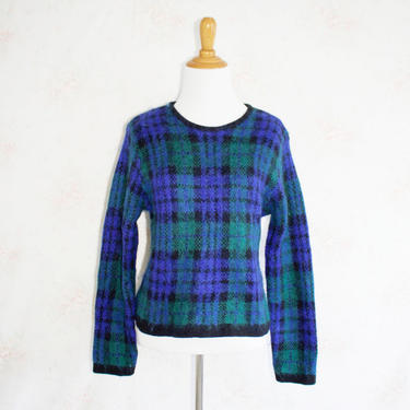 Vintage 90s Mohair Sweater, 1990s Fuzzy Ugly Sweater, Plaid, Wool, Gap, Preppy 