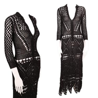 60s black hand crochet dress M / vintage 1960s 70s form fitting mesh festival midi dress gown M 1970s 