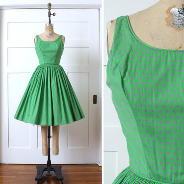 vintage 1950s sundress • green &amp; purple polka dot cotton juniors dress with low-cut open back 