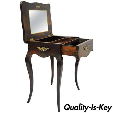 French Louis XV Napoleon III Rosewood Brass Inlay Vanity Work Table Sewing Stand