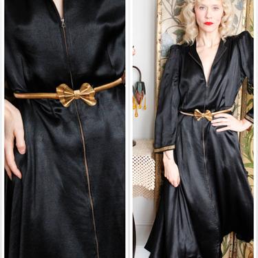 1930s Dress // Sultry Silk Black &amp; Gold Dress // vintage 30s zipper front dress 