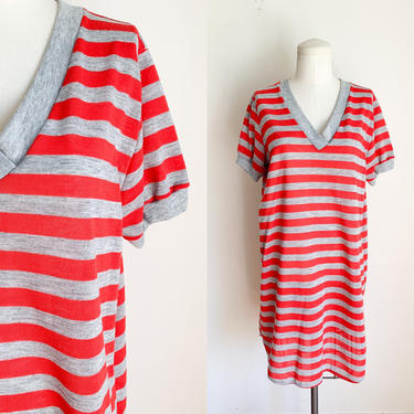 Vintage 1970s Red & Gray Striped Nightgown Tee / T-shirt Dress // M 