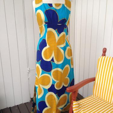 Gorgeously perfect vintage 1960's Hawaiian maxi dress Blue gold floral REDUCED PRICE! 