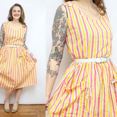 Vintage 80's Yellow and Orange Striped Drop Waist Sundress / 1980's Spring Summer Dress with Pockets / Cotton / Women's Plus Size 1X 2X by Ru