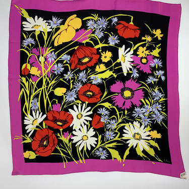 1960'S Silk Scarf - Vivid Colorful Floral with a Hot Pink Border - by ECHO - All Silk - Made in Japan - Rolled Hem - NOS - DeadStock 
