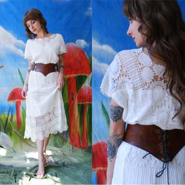Vintage White Crochet Dress/ Drop Shoulder Summer Hippie Bridal / Size Medium 