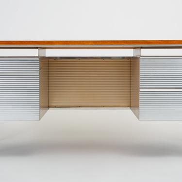 Teak and Aluminum Industrial Executive Desk by Welton Becket