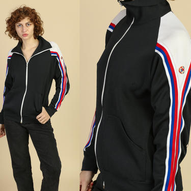 80s Black Striped Track Jacket - Large | Vintage Sports In Motion Zip Up Sweatshirt 