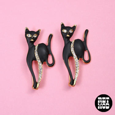 ME-YOW Vintage Black Gold Rhinestones Kitty Cat Brooch Duo 