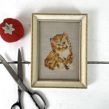 Ginger tabby cat framed needlepoint - 1960s vintage 
